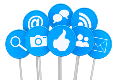 social media icons on blue circular signs 